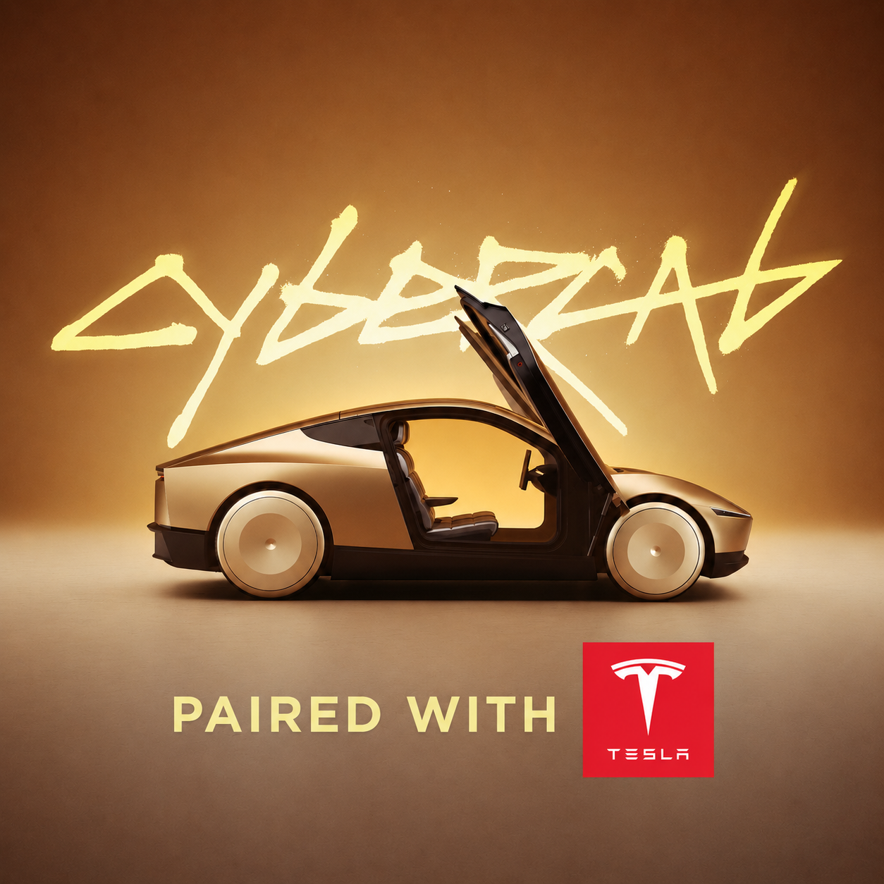 Cybercab paired with Tesla hero artwork