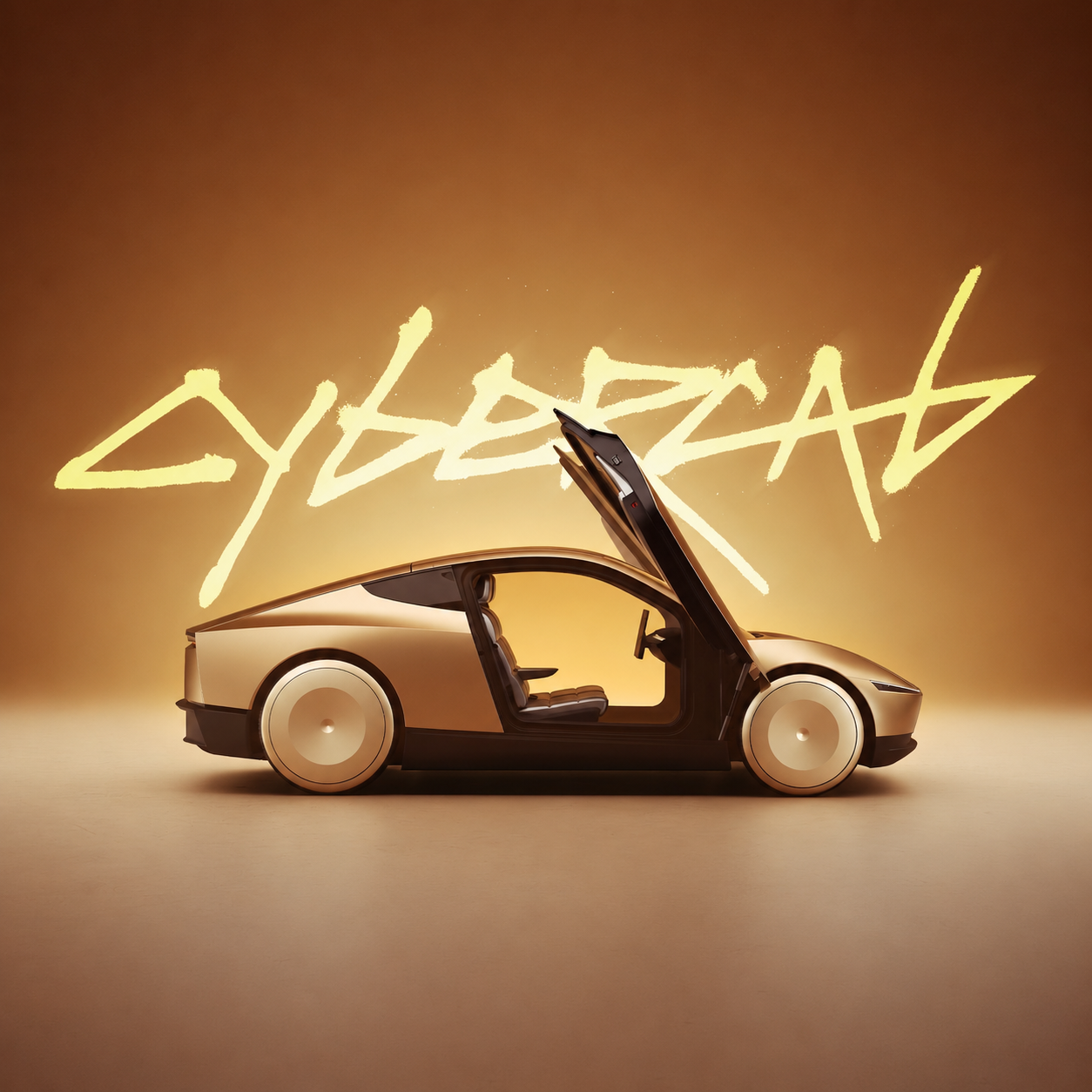 Cybercab copper robotaxi logo with warm amber backdrop